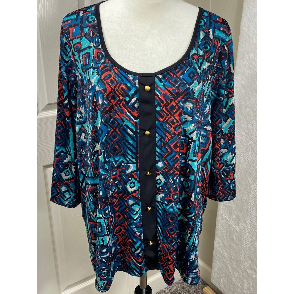 Lavish Plus Tunic Top Abstract Print Button Detail 3/4 Sleeve 3X